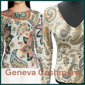 Geneva Cashmere V-Neck Cream/Blue/Tan Paisley 100% Cashmere Sweater (S)